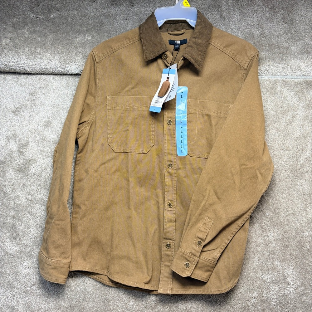Frye Mens Barn Shacket Brown Canvas Corduroy Collar Button Down Jacket Large NWT